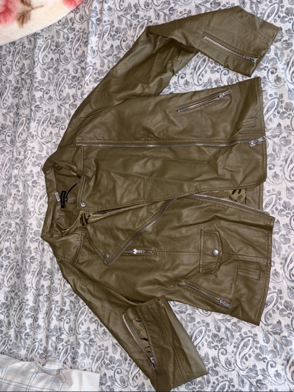 Shinestar Olive Green Faux Leather Moto Jacket